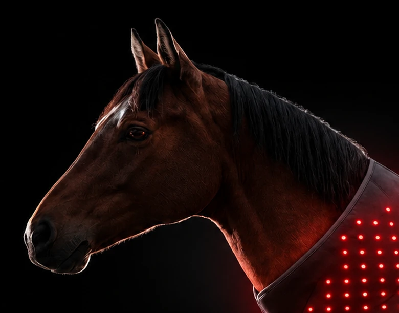 Close portrait of a bay horse in profile, ears forward, lit from behind against black.