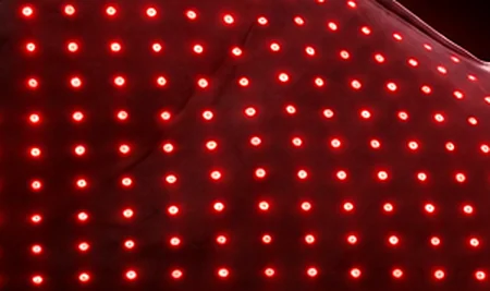 Close view of a regular grid of glowing red emitters on a dark panel.