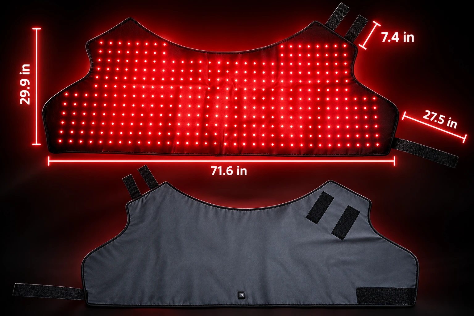 The PHAETHON Equine Red-Light Therapy wrap laid flat. Above, the illuminated inner side with a grid of red LEDs, labelled 71.6 in wide, 29.9 in tall, with 7.4 in and 27.5 in straps. Below, the grey outer side with its fastening straps and a single control button.