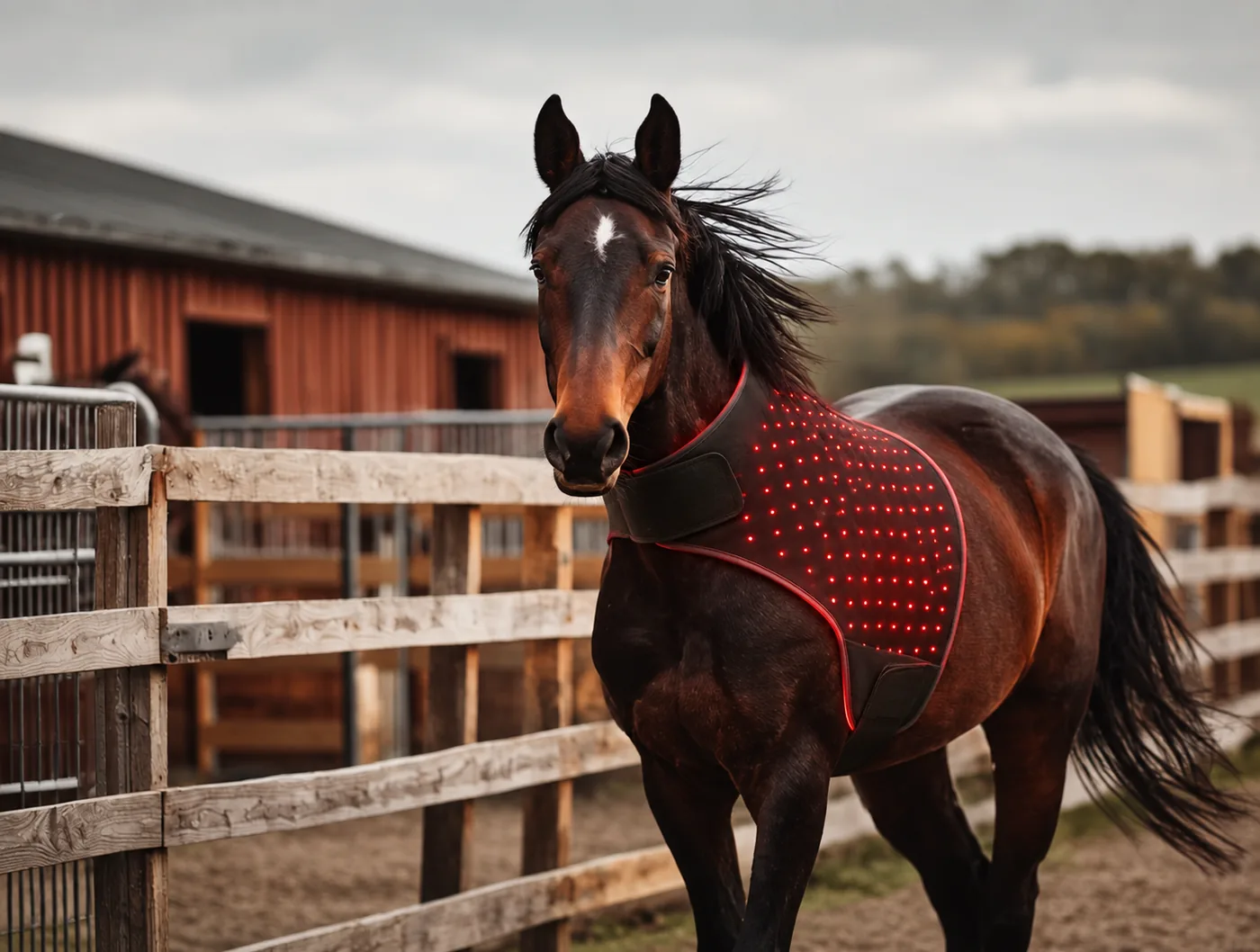 A dark bay horse in a paddock beside a wooden fence and red barn, wearing the wireless PHAETHON neck-and-shoulder wrap with a soft red LED glow. Conceptual image.
