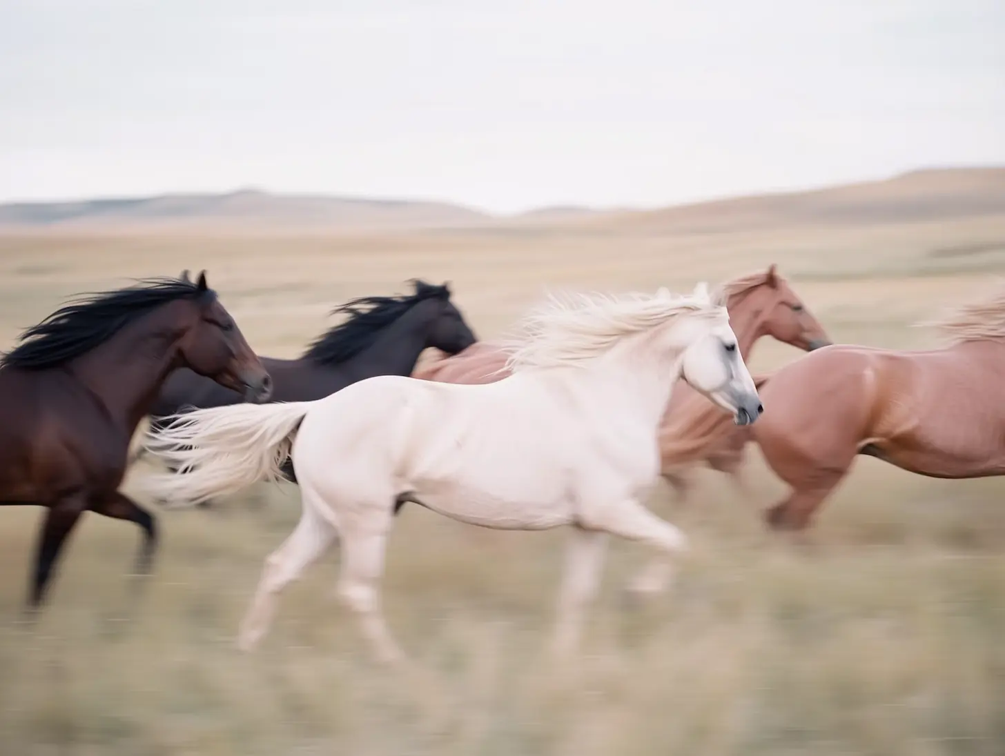 A herd of horses at full gallop across open grassland, black, bay, chestnut and white, in motion blur.