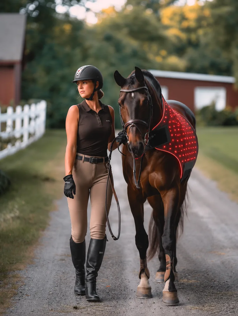 A rider in a helmet, breeches and tall boots walking a dark bay horse in a bridle along a gravel lane past a red barn. The horse wears the wireless PHAETHON neck-and-shoulder wrap with a soft red LED glow. Conceptual image.